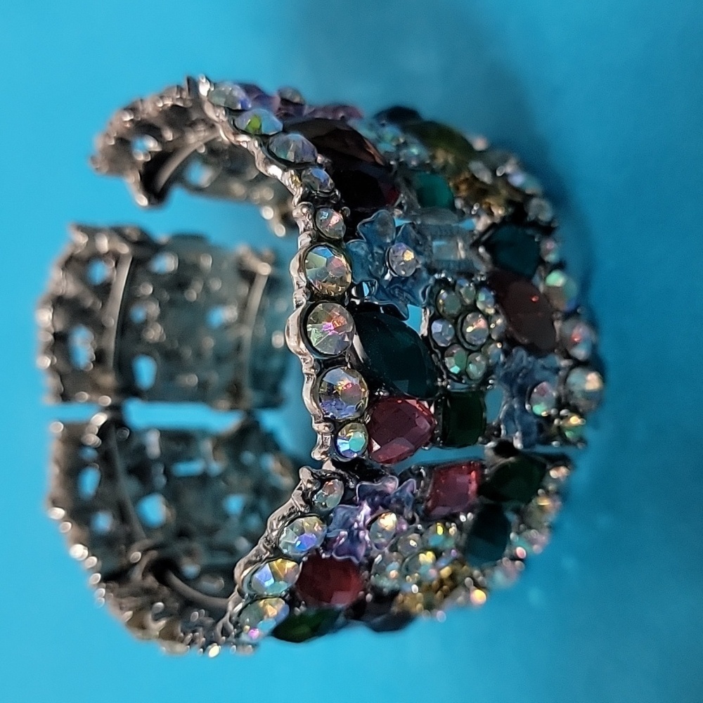 Cocktail Colorful Multi-Color Embellished Floral Rhinestone Stretchable Bangle - Picture 2 of 11